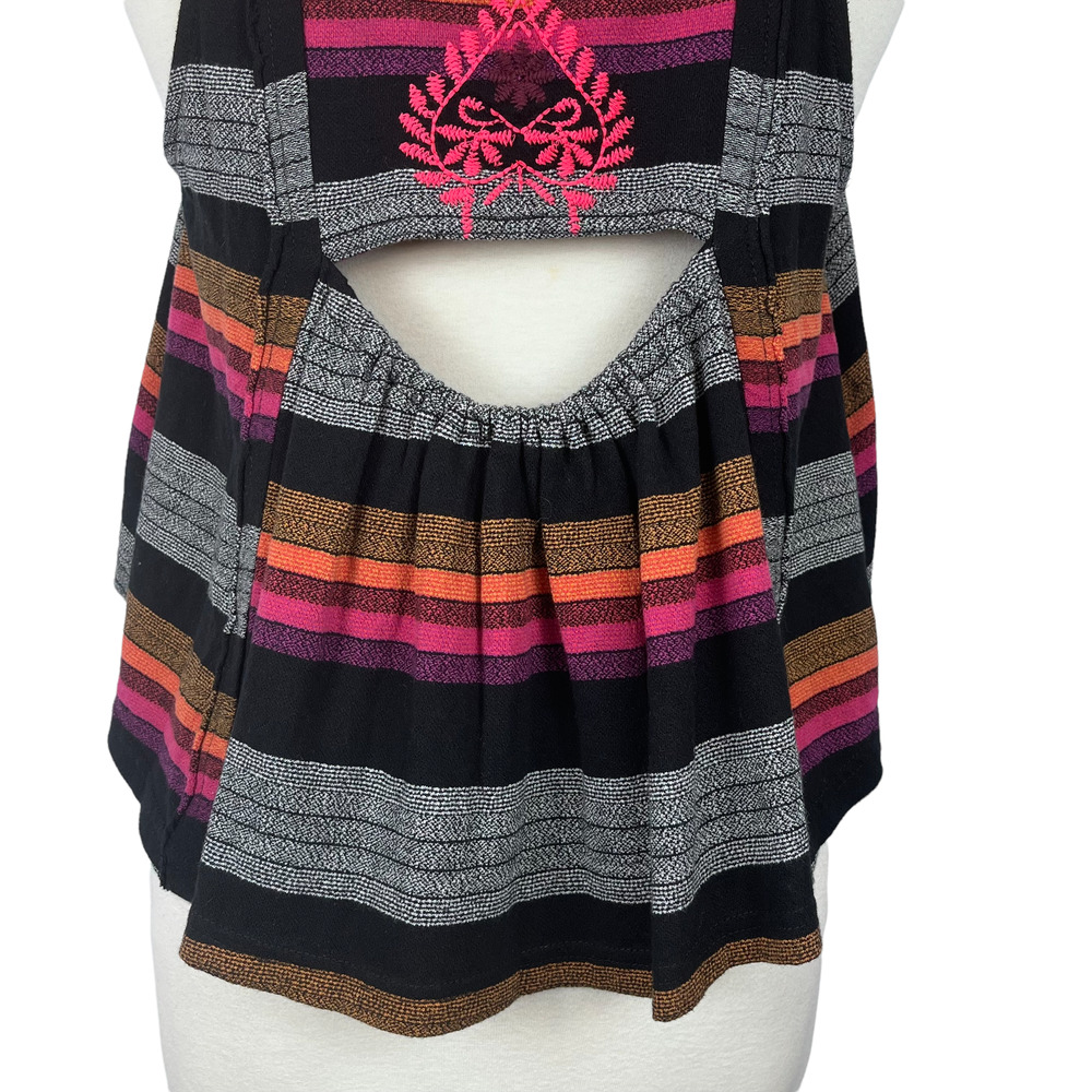 Free People Black Combo Stripe Embroidered Tank Shirt Size XS - Picture 8 of 14